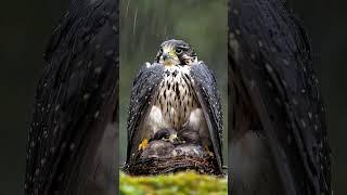 Falcon Bird Mother Shields Her Chicks from the Pouring Rain #mother #birds #falcon #rain