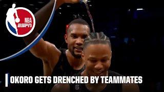 Isaac Okoro gets drenched by teammates after hitting GW 3 vs. Nets | NBA on ESPN