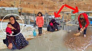 Empathy of patient's divorced mother and her daughters in building kitchen roof on rainy day