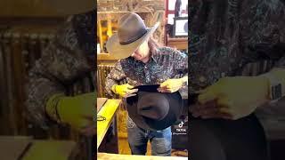 Tommy Gunn shaping a pure beaver Burn's Cowboy Hat, in our Park City, UT store, Burns Cowboy Shop.