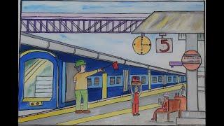 How to draw a Railway station scenery l Train scenery drawing step by step with watercolor