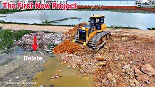 Wonder-Full Power Bulldozer SHANTUI Starts Pushing New Project Landfill With Dump Trucks