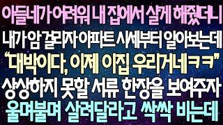 (반전 사연) 아들네가 어려워 내 집에서 살게 해줬더니 내가 암 걸리자 아파트 시세부터 알아보는데 상상하지 못할 서류 한장을 보여주자 울며불며 살려달라고 싹싹 비는데 /사이다사연