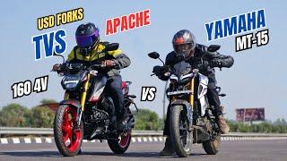 Yamaha MT15 v4 Vs  2025 Tvs Apache 160 4v USD FORKS Drag Race