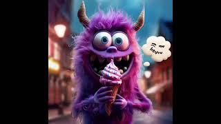 "Funny Purple Monster Eats Ice Cream in One Gulp – Too Cute to Handle!"