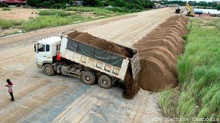 Incredible DONGFENG Truck Unloading Sand | Smart Driver Skill Pushing Into Water Huge Project