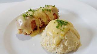 Stuffed Chicken Roulade with Potato Mousseline in Bechamel  white sauce