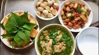 Bữa cơm thanh đạm dễ ăn mùa hè - Canh cua cà pháo, thịt rang cháy cạnh, đậu phụ rán.