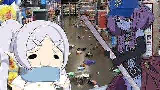 Frieren vibing to Pikuniku in walmart while Fern and Aura watch