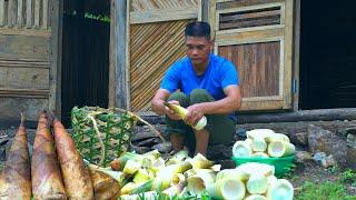 Putting aside sadness: Weaves baskets & harvests bamboo shoots. A simple, lonely life in a new house