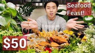 $50 Seafood Feast Challenge - LIVE Snails, Crab, Clams, Sea Urchin From Aquarium Tanks! [Cook & Eat]