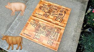 The Cow and Pig butcher block / cutting board. Inlay cutting board. Cnc inlay. Wood inlay 4k video.