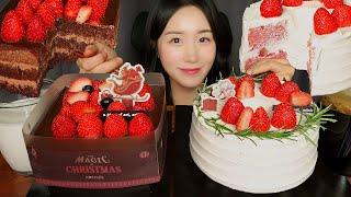 HOLIDAY DESSERT CHRISTMAS STRAWBERRY CHOCOLATE CAKE ASMR EATING SOUNDS MUKBANG