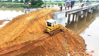 Best Komatsu Dozer technique pushing soil and dump trucks dumping soil making road bridge connection