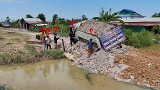 Aww! 8-T Dump Truck Drive Back Fall Overloading Soil Overturned Nearly Pond Recover by Dozer Pulling