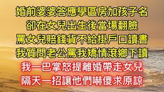 婚前婆婆答應學區房加孩子名，卻在女兒出生後當場翻臉，罵女兒賠錢貨不給掛戶口讀書，我質問老公罵我矯情滾鄉下讀，我一巴掌怒提離婚帶走女兒，隔天一招讓他們嚇傻求原諒