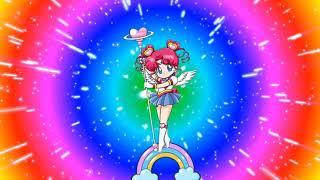 Sailor Chibi Chibi Moon riding a rainbow 