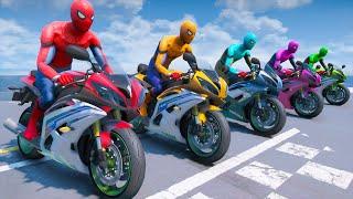 MOTORCYCLES CHALLENGE WITH SPIDER-MAN & SUPERHEROES - EXTREME ROLLER COASTER RAMP