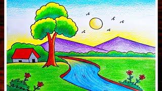 Very Easy Scenery Drawing|Simple Landscape Scenery Drawing|How To Draw Beautiful Landscape Scenery