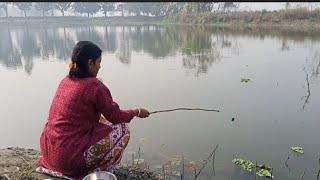 Fishing videos  The girl monster fish catching in the village canal Best village rod fishing #fish