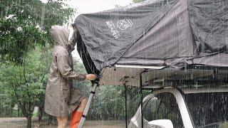 Solo Camping in Rain storm with Rooftop tent / Cozy relaxing rain sound / ASMR