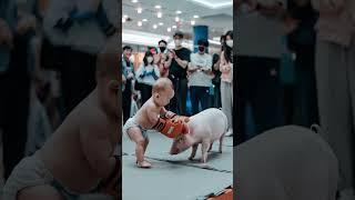 A cute fight between a little boy and a little pig #KidVsPiglet #Adorable