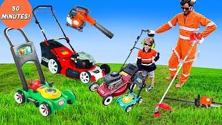 Lawn mowing grass cutting weed wacker leaf blowers for kids video | blippi toys garbage trucks #lawn