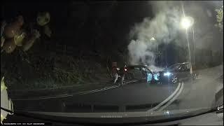 車CAM直擊 - 大帽山 私家車彎位越線撞對頭車 其後起火陷入火海