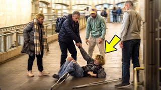 Falling With Crutches Prank In NYC!