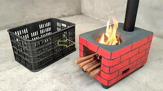 Great idea to make a wood stove at home from a plastic basket and cement