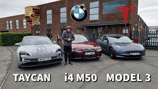 BMW i4 M50 Range & Charging test v Tesla Model 3 Performance & Porsche Taycan 4S in cold weather!