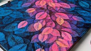 Sunset painting / Pink Blue Purple leaves painting /  Leaf impressions painting / Botanical art