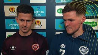 Blair Spittal and Sander Kartum in conversation after Scottish Cup Quarter-Final win for Hearts