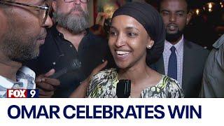 Rep. Ilhan Omar reacts after decisive primary win