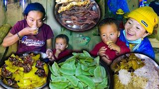 Buff Dry meat & Big size Bean mix recipe with rice Eating in the village Kitchen || New Nepali Vlogs