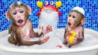 KiKi Monkey bathing in Foamy Bathtub in toilet with Duckling and go swimming pool | KUDO ANIMAL KIKI