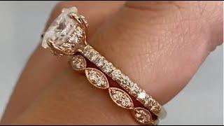 Jessie & Natali - Rose Gold Wedding Ring Set with Vintage Flare & 1.20ct Oval Diamond