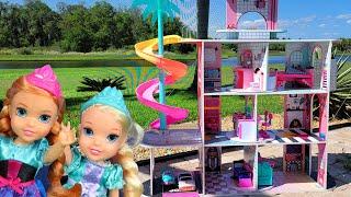 Playhouse ! Elsa & Anna toddlers  visit Jasmine - LOL doll house of surprises - slide - pool