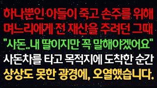 실화사연-하나뿐인 아들이 죽고 손주를 위해 며느리에게 전재산을 주려던 때 "사돈..내 딸이지만 꼭 말해야겠어요" 사돈차를 타고 목적지에 도착한 순간 상상도 못한 광경에 오열했습니다