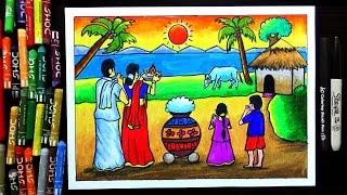 How to Draw Easy Pongal Festival Drawing Competition for Beginners and School Students