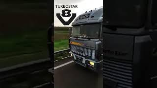 A classic Iveco Turbostar V8 truck with tractor and trailer overtakes when accelerating #truckvideo