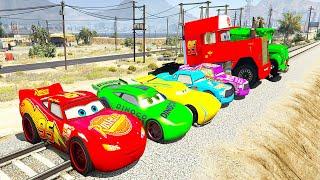 SPIDERMAN McQueen Friends TRAIN Stop Challenge ! SUPERHERO Disney Cars MACK Monster TRUCKS  - GTA V