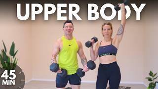 45 min UPPER BODY DUMBBELL STRENGTH WORKOUT - with ABS and CORE