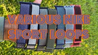 Various Nike Sport Loop Bands shown indoor & outdoor on Gold Stainless Steel &Space Grey Apple Watch