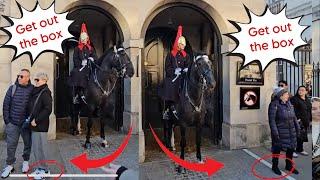 SUPERB KING’S GUARD TELLS TOURISTS  TO "GET OUT OF THE WHITE BOX "at Horse Guard, Royal Guard!