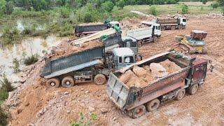 Fantastic Massive Truck Dumping Stone Huge Land Filling Up Power Bulldozer KOMATSU Pushing Stone