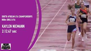 Kaylen Niemann wins girls U16 800m at ASA Championships, Potchefstroom in 2;12.47 - 2 APRIL 2022