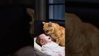 Little yellow cat comforts human baby