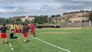 The Casper College men's soccer team celebrates after scoring a goal against Utah State Eastern on