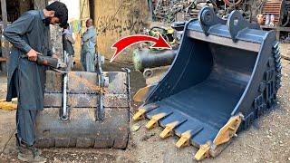 Man Making a Beautiful Bucket of Excavator Machine from Old Ship,s Scrub Plates